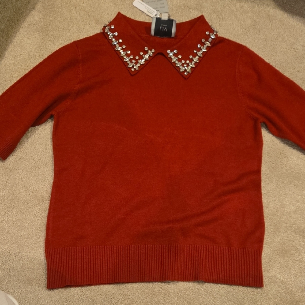 Chic Red Embellished Collared Sweater